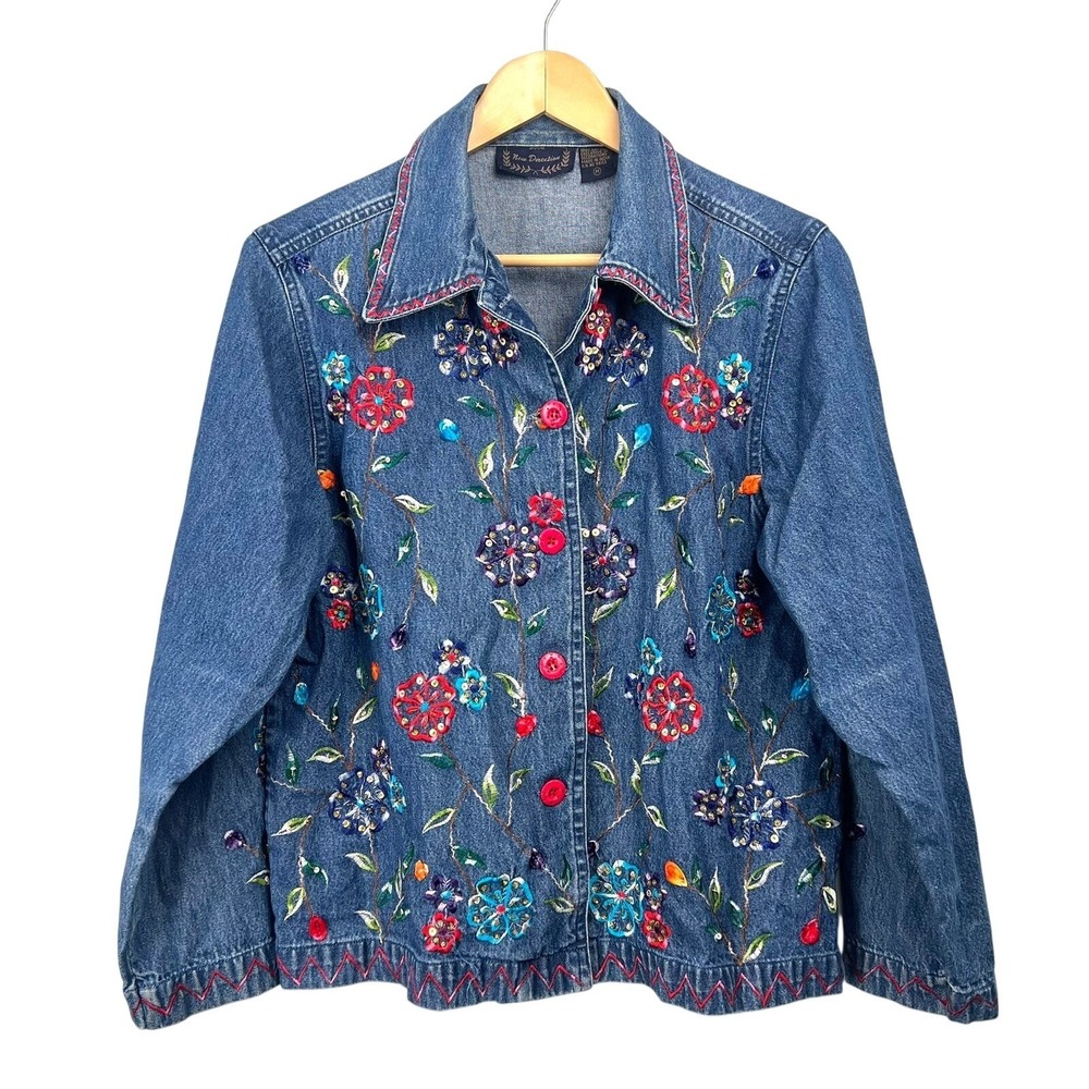 New Directions Denim Jacket Womens M‎ Embellished Floral Embroidered Retro Boho